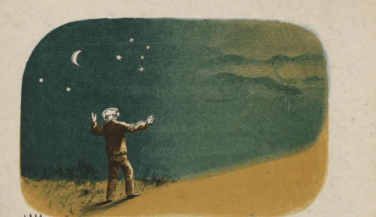 Homem de braços abertos sob o céu estrelado e a lua. Litografia da edição de 1904. Iniciais HM à esquerda.